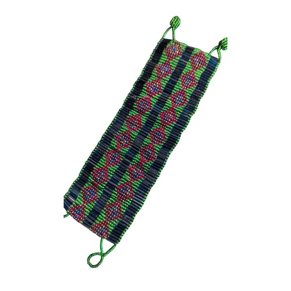 Beaded woven beaded  cuff bracelet blue red green 2" wide handmade boho - Picture 5 of 5